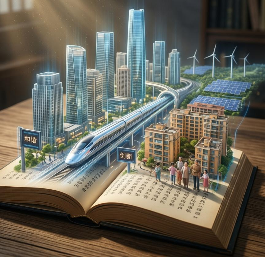 An open ancient book with Chinese characters floating up to form a holographic model of modern China, symbolizing decoding culture between the lines.